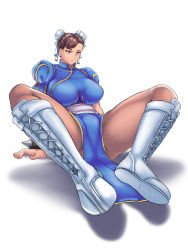Rule 34 | 1girl, akune tanuru, blue dress, boots, bracelet, breasts, brown eyes, brown hair, brown pantyhose, bun cover, capcom, china dress, chinese clothes, chun-li, commentary request, cross-laced footwear, double bun, dress, earrings, eyeshadow, hair bun, jewelry, lace-up boots, large breasts, looking at viewer, makeup, pantyhose, pelvic curtain, puffy short sleeves, puffy sleeves, shadow, short sleeves, sitting, solo, spiked bracelet, spikes, spread legs, street fighter, thick thighs, thighs, white background, white footwear