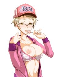 Rule 34 | 1girl, :p, baseball cap, blonde hair, bra, breasts, breasts out, candy, ebido, food, glasses, hat, highres, jacket, large breasts, lollipop, navel, nipples, open clothes, open jacket, original, saliva, short hair, simple background, solo, tongue, tongue out, underwear, white background, yellow eyes