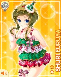 Rule 34 | 1girl, bare arms, blue eyes, bow, card, character name, christmas, closed mouth, dress, frilled dress, frills, furuya shuri, girlfriend (kari), green dress, green hair, green shorts, hair ornament, hat, long bangs, multicolored clothes, multicolored dress, official art, party hat, qp:flapper, red bow, red dress, short hair, shorts, shorts under dress, smile, standing, striped, striped bow, tagme, white dress, yellow background