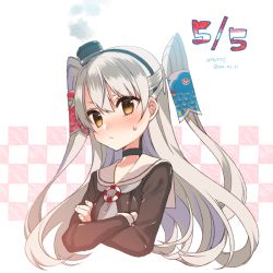 Rule 34 | 1girl, amatsukaze (kancolle), blush, brown dress, brown eyes, checkered background, commentary request, cropped torso, crossed arms, dress, hair tubes, hat, kantai collection, koinobori, koruri, lifebuoy, long hair, looking at viewer, mini hat, sailor collar, sailor dress, short dress, silver hair, smoke, solo, swim ring, two-tone background, two side up, white background, white sailor collar, windsock