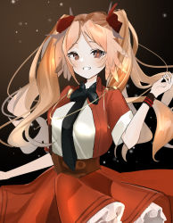 Rule 34 | 1girl, arknights, black neckwear, black wristband, bow, bowtie, commentary, dark background, dress, feather hair, grin, hair bow, hand up, highres, jacket, kurakak6, light blush, looking at viewer, necktie, official alternate costume, open clothes, open jacket, orange dress, orange eyes, orange hair, orange jacket, pinecone (arknights), pinecone (sing a song) (arknights), red bow, shirt, smile, solo, symbol-only commentary, teeth, twintails, upper body, white shirt