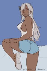 Rule 34 | 1girl, ass, blue shorts, dark-skinned female, dark skin, kalruna, original, sandals, shorts, white hair