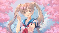 Rule 34 | 1girl, :d, blue sailor collar, blue sky, blush, brown eyes, cherry blossoms, cloud, commentary request, day, fingernails, flower, hair between eyes, light brown hair, long hair, looking at viewer, mintchoco (orange shabette), neckerchief, open mouth, original, outdoors, outstretched arm, pink flower, red neckerchief, sailor collar, school uniform, serafuku, shirt, short sleeves, sky, smile, solo, teeth, twintails, upper teeth only, v, very long hair, white shirt