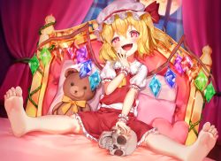 Rule 34 | 1girl, :d, ascot, barefoot, bed, blonde hair, blush, bow, bowtie, crystal, curtains, fangs, feet, flandre scarlet, frilled shirt collar, frilled skirt, frilled sleeves, frills, full body, full moon, hachinatsu, hair between eyes, half-closed eye, hand on own cheek, hand on own face, hat, hat ribbon, head tilt, heart, heart-shaped pillow, indoors, looking at viewer, medium hair, mob cap, moon, night, night sky, one side up, open mouth, orange bow, pillow, plant, puffy short sleeves, puffy sleeves, rainbow order, red eyes, red ribbon, red skirt, red vest, ribbon, shirt, short sleeves, side ponytail, sitting, skirt, skirt set, skull, sky, slit pupils, smile, solo, sparkle, spread legs, stuffed animal, stuffed toy, teddy bear, teeth, touhou, upper teeth only, vest, vines, white hat, white shirt, window, wings, wrist cuffs, yellow neckwear