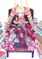 Rule 34 | 1girl, beatrice (re:zero), blonde hair, blue eyes, bow, butterfly-shaped pupils, capelet, chair, crown, dated, dress, drill hair, full body, fur-trimmed capelet, fur trim, hair bow, indoors, kero sweet, long dress, long hair, looking at viewer, mini crown, neck ribbon, pantyhose, pink ribbon, re:zero kara hajimeru isekai seikatsu, red capelet, red dress, red footwear, ribbon, signature, sitting, solo, striped bow, striped clothes, striped pantyhose, symbol-shaped pupils, triangle mouth, twin drills, twintails, very long hair, white background