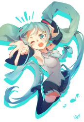 Rule 34 | 1girl, 39, absurdres, aqua eyes, aqua hair, aqua nails, aqua necktie, aqua theme, arm tattoo, armpits, bare shoulders, black skirt, breasts, collared vest, commentary, detached sleeves, eighth note, feet up, hand on own head, hatsune miku, highres, htk mikan, jumping, long hair, long sleeves, looking at viewer, medium breasts, miku day, musical note, necktie, notice lines, one eye closed, open mouth, shadow, shoulder tattoo, signature, simple background, skirt, solo, tareme, tattoo, very long hair, vest, vocaloid, w, white background