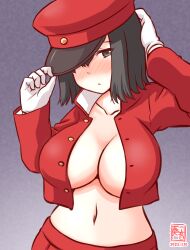 Rule 34 | 1girl, adjusting clothes, adjusting headwear, akitsu maru (kancolle), alternate color, alternate costume, artist logo, black eyes, black hair, cowboy shot, dated, gradient background, grey background, grey eyes, hat, kanon (kurogane knights), kantai collection, looking at viewer, military, military hat, military uniform, one-hour drawing challenge, open clothes, open shirt, pale skin, peaked cap, pleated skirt, short hair, skirt, solo, uniform
