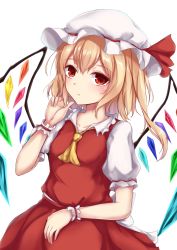 Rule 34 | 1girl, blonde hair, collared shirt, commentary request, crystal, flandre scarlet, frilled shirt collar, frills, hair between eyes, hand up, hat, hat ribbon, highres, kashiwagi yamine, long hair, mob cap, one side up, puffy short sleeves, puffy sleeves, red eyes, red ribbon, red skirt, red vest, ribbon, shirt, short sleeves, simple background, skirt, solo, touhou, vest, white background, white hat, white shirt, wings, wrist cuffs, yellow neckwear