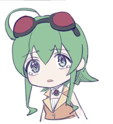 Rule 34 | 1girl, bare arms, brooch, detached collar, goggles, goggles on head, green eyes, green hair, gumi, jewelry, medium hair, orange vest, parted lips, red goggles, sidelocks, sketch, solo, tears, upper body, vest, vocaloid, white background, wounds404