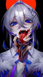 Rule 34 | 1girl, absurdres, bags under eyes, black background, blood, blood from mouth, blood in mouth, blood on face, blue bow, blue bowtie, blue eyes, blue nails, bow, bowtie, choker, collared shirt, crossed bangs, fangs, fingerless gloves, forked tongue, fur trim, gloves, grey hair, hair between eyes, hair intakes, highres, indie virtual youtuber, kakubi neu, looking at viewer, open mouth, ponytail, red sun, shirt, short hair with long locks, solo, tongue, tongue out, virtual youtuber