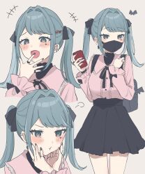 Rule 34 | +++, 1girl, aqua eyes, aqua hair, bag, black mask, black nails, black ribbon, black skirt, blush, cellphone, frilled shirt, frills, hatsune miku, highres, holding, holding phone, jewelry, jirai kei, long sleeves, looking at viewer, mask, mouth mask, multiple rings, multiple views, neck ribbon, open mouth, phone, pink shirt, ribbon, ring, seijyohu, shirt, shirt tucked in, simple background, skirt, smartphone, vampire (vocaloid), vocaloid