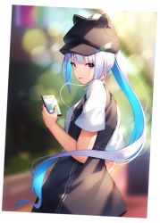 Rule 34 | 1girl, :p, absurdres, animal ears, animal hat, black dress, black hat, blue hair, blurry, blurry background, cellphone, closed mouth, commentary request, depth of field, dress, fake animal ears, flat cap, hat, highres, holding, holding phone, lize helesta, long hair, looking at viewer, looking back, multicolored hair, nijisanji, phone, ponytail, purple eyes, shirt, short sleeves, smile, solo, tongue, tongue out, two-tone hair, very long hair, virtual youtuber, white hair, white shirt, yuuki nao (pixiv10696483)
