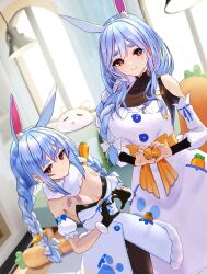 Rule 34 | animal ear fluff, animal ears, blue hair, blush, braid, braided ponytail, breasts, carrot, carrot hair ornament, carrot in pocket, food-themed hair ornament, hair ornament, highres, hololive, housewife, inari (ambercrown), long hair, looking at viewer, mature female, mother and daughter, multicolored hair, pekomama, rabbit ears, rabbit girl, short eyebrows, small breasts, smile, thick eyebrows, twin braids, two-tone hair, usada pekora, virtual youtuber, white hair