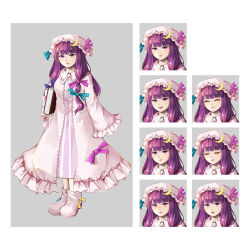 Rule 34 | 1girl, angry, blue bow, blue ribbon, blush, book, border, bow, breasts, character name, closed eyes, closed mouth, commentary request, crescent, crescent hat ornament, dress, embodiment of scarlet devil, expression chart, footwear ribbon, frilled dress, frilled sleeves, frills, full body, grey border, happy, hat, hat ornament, highres, holding, holding book, hoshiringo0902, lips, long hair, long sleeves, medium breasts, mob cap, nightgown, open mouth, pajamas, patchouli knowledge, pink dress, pink footwear, pink headwear, pink pajamas, purple bow, purple dress, purple eyes, purple hair, ribbon, sad, sidelocks, simple background, sleeves past fingers, sleeves past wrists, smile, standing, striped clothes, striped dress, striped pajamas, surprised, touhou, v-shaped eyebrows, vertical-striped clothes, vertical-striped dress, very long hair, white background, wide sleeves, yellow ribbon