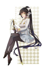 Rule 34 | 1girl, azur lane, badge, black footwear, black pantyhose, blush, bow, brown hair, buttons, closed mouth, copyright name, crossed legs, double-breasted, expressionless, full body, gloves, green eyes, hair bow, high ponytail, highres, holding, holding sword, holding weapon, invisible chair, katana, loafers, long hair, long sleeves, looking at viewer, military, military uniform, miniskirt, pantyhose, pleated skirt, shadowsinking, sheath, sheathed, shoes, sitting, skirt, solo, sword, takao (azur lane), thighband pantyhose, uniform, very long hair, weapon, white bow, white gloves, white skirt