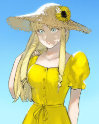 Rule 34 | 1girl, adjusting hair, arm at side, bare arms, blonde hair, blue background, blue eyes, blue sky, breasts, dappled sunlight, day, dress, drill hair, flower, hand up, hat, hat flower, highres, konjiki no gash!!, long hair, looking away, outdoors, ozaki (tsukiko3), parted lips, puffy short sleeves, puffy sleeves, ringlets, sash, sherry belmont, short sleeves, side drill, sideways glance, sky, small breasts, solo, straw hat, sun hat, sunflower, sunlight, twin drills, upper body, yellow dress