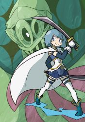 Rule 34 | 10s, blue eyes, blue hair, cape, detached sleeves, dual persona, gloves, magical girl, mahou shoujo madoka magica, mahou shoujo madoka magica (anime), miki sayaka, oktavia von seckendorff, shenanimation, short hair, skirt, smile, spoilers, sword, thighhighs, weapon, witch (madoka magica)