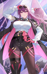 Rule 34 | 1girl, arm belt, ass, belt, black belt, black jacket, black shorts, blush, boots, breasts, broken mirror, chest harness, collared shirt, eyewear on head, glasses, gloves, hair between eyes, hand on own hip, harness, high-waist shorts, highres, honkai: star rail, honkai (series), jacket, kafka (honkai: star rail), large breasts, long hair, long sleeves, looking at viewer, mirror, pantyhose, pantyhose under shorts, parted lips, pince-nez, pink gloves, ponytail, purple eyes, purple hair, purple pantyhose, qing wu, reflection, round eyewear, shirt, shorts, sidelocks, single thigh boot, solo, standing, sunglasses, thigh boots, white shirt