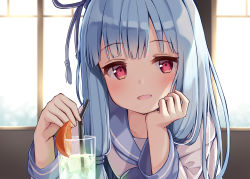 Rule 34 | 1girl, :d, arm support, backlighting, bendy straw, blue hair, blue ribbon, blue sailor collar, blurry, blurry background, blush, commentary request, cup, depth of field, drink, drinking glass, drinking straw, hair ribbon, head in hand, head rest, ice, ice cube, indoors, kotonoha aoi, long hair, long sleeves, looking at viewer, ominaeshi (takenoko), open mouth, red eyes, ribbon, sailor collar, school uniform, serafuku, shirt, smile, solo, upper body, voiceroid, white shirt, window