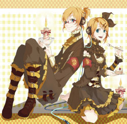 Rule 34 | 1boy, 1girl, aqua eyes, back-to-back, bad id, bad pixiv id, bespectacled, blonde hair, brother and sister, candle, cynthia0917, detached sleeves, dress, frills, glasses, hair ornament, hair ribbon, hairclip, highres, kagamine len, kagamine rin, ribbon, short hair, siblings, smile, spoon, twins, vocaloid