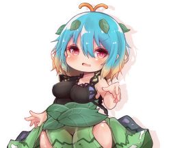 Rule 34 | 1girl, alternate breast size, antennae, aqua hair, blush, breasts, cowboy shot, dress, eternity larva, fang, green dress, hair between eyes, highres, large breasts, leaf, leaf on head, morino831, multicolored clothes, multicolored dress, open mouth, red eyes, short hair, simple background, skin fang, solo, touhou, white background