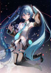 Rule 34 | 1girl, 39, absurdres, arm up, bare shoulders, black footwear, black skirt, black thighhighs, blue eyes, blue hair, blue nails, blue necktie, blush, boots, closed mouth, collared shirt, commentary request, confetti, detached sleeves, floating, hair between eyes, hair ornament, hand up, hatsune miku, heart, high heel boots, high heels, highres, kikinoki, long hair, long sleeves, looking at viewer, nail polish, necktie, planet, pleated skirt, shirt, skirt, sleeveless, sleeveless shirt, smile, solo, space, thigh boots, thighhighs, twintails, very long hair, vocaloid, water, white shirt