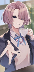 Rule 34 | 1girl, absurdres, arimura mao, blazer, blue jacket, blue ribbon, cup, gakuen idolmaster, hair over one eye, highres, holding, holding cup, idolmaster, jacket, juu 10, looking at viewer, neck ribbon, pink hair, ribbon, shirt, short hair, solo, sparkle, sweater vest, teacup, upper body, white shirt