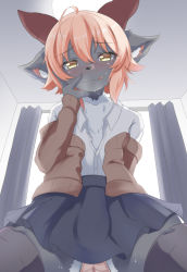 Rule 34 | 1boy, :p, ahoge, an choby, animal ear fluff, animal ears, backlighting, blue skirt, blush, brown cardigan, bulge, cardigan, crossdressing, curtains, furry, furry male, goat boy, goat ears, goat horns, grey thighhighs, hand on own face, horns, indoors, looking at viewer, male focus, off shoulder, open cardigan, open clothes, original, panties, partially unbuttoned, pink hair, pink panties, shirt, skirt, smile, solo, thighhighs, tongue, tongue out, trap, underwear, white shirt, window