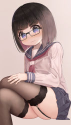 Rule 34 | 1girl, blue eyes, blue sailor collar, blue skirt, blunt bangs, blush, brown hair, brown thighhighs, closed mouth, colored inner hair, commentary request, crossed legs, feet out of frame, garter straps, glasses, hand on own thigh, highres, long sleeves, looking at viewer, mimikaki (men bow), miniskirt, multicolored hair, neckerchief, original, pleated skirt, red hair, red neckerchief, sailor collar, school uniform, serafuku, shirt, short hair, simple background, sitting, skirt, solo, sweatdrop, thick eyebrows, thighhighs, v-shaped eyebrows, wavy mouth, white shirt