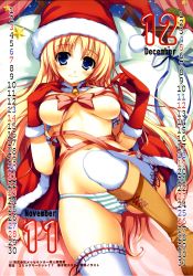 Rule 34 | 10s, 1girl, 2010, absurdres, blonde hair, blue eyes, boots, bow, breasts, calendar, december, hat, highres, november, panties, ribbon, santa costume, santa hat, solo, star (symbol), striped clothes, striped panties, thighhighs, tomose shunsaku, underwear, white thighhighs