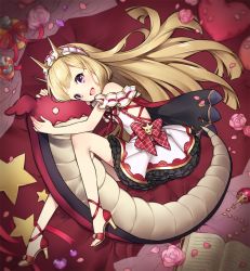 Rule 34 | 10s, 1girl, :d, blonde hair, book, bottle, bow, cagliostro (granblue fantasy), character doll, crown, dress, flower, frills, gem, granblue fantasy, hairband, heart, heart-shaped pillow, high heels, long hair, looking at viewer, lying, hugging object, on side, open mouth, ouroboros (granblue fantasy), perfume bottle, petals, pillow, pink flower, pink rose, purple eyes, ribbon, rose, shoes, smile, solo, star (symbol), stuffed animal, stuffed dragon, stuffed toy, toeless footwear, white dress, zn (zzzzzni)