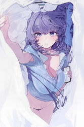 Rule 34 | 1girl, absurdres, black panties, blue archive, blue eyes, blush, breasts, cleavage, hairband, highres, large breasts, long hair, looking at viewer, lying, movik, on side, panties, pillow, purple hair, solo, under covers, underwear, white hairband, yuuka (blue archive)