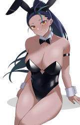 Rule 34 | 1girl, absurdres, animal ears, arm strap, bare shoulders, black bow, black bowtie, black hairband, black leotard, blue hair, bow, bowtie, breasts, cleavage, closed mouth, creatures (company), dark-skinned female, dark skin, detached collar, earrings, fake animal ears, freckles, game freak, green hair, green nails, hairband, highres, jewelry, large breasts, legs together, leotard, long hair, looking at viewer, multicolored hair, musicatopos, nail polish, nemona (pokemon), nintendo, playboy bunny, pokemon, pokemon sv, ponytail, rabbit ears, sitting, solo, strapless, strapless leotard, streaked hair, two-tone hair, wrist cuffs, yellow eyes