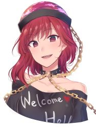 Rule 34 | 1girl, asa (coco), clothes writing, hecatia lapislazuli, looking at viewer, red eyes, red hair, shirt, simple background, smile, solo, t-shirt, touhou, white background