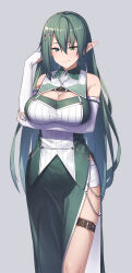 Rule 34 | 1girl, bare shoulders, blush, breasts, cleavage, cleavage cutout, clothing cutout, dress, elbow gloves, elf, fingerless gloves, gloves, green dress, green eyes, green hair, hair between eyes, hair ornament, highres, ibuki notsu, large breasts, long hair, looking at viewer, original, pointy ears, side slit, smile, solo, thigh strap, thighs, white gloves