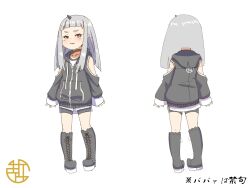 Rule 34 | 1girl, blush, boots, clothing cutout, commentary request, cross-laced footwear, drawstring, grey footwear, grey hair, grey jacket, grey shorts, highres, hood, hood down, hooded jacket, horns, jacket, kneehighs, kuro kosyou, lace-up boots, long hair, long sleeves, multiple views, oni, original, parted lips, pointy ears, puffy long sleeves, puffy sleeves, red eyes, shirt, shorts, shoulder cutout, simple background, single horn, sleeveless, sleeveless shirt, sleeves past wrists, smile, socks, standing, thick eyebrows, translation request, turnaround, white background, white shirt, x-ray