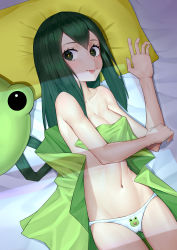 Rule 34 | 10s, 1girl, :p, absurdres, animal print, asui tsuyu, bad id, bad pixiv id, black hair, boku no hero academia, breasts, cameltoe, cleavage, female focus, frog panties, frog print, green eyes, green hair, hair rings, highres, long hair, lying, matching hair/eyes, no bra, panties, pillow, print panties, ringed eyes, solo, tongue, tongue out, topless, underwear, underwear only