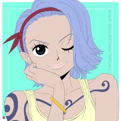 Rule 34 | 1girl, arm tattoo, blue background, blue hair, chest tattoo, chris re5, close-up, commentary, english commentary, hand on own cheek, hand on own face, instagram username, nojiko, one eye closed, one piece, short hair, simple background, smile, solo, tank top, tattoo, twitter username, v-shaped eyebrows