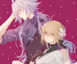 Rule 34 | 1boy, 1girl, artoria pendragon (all), artoria pendragon (fate), black gloves, black ribbon, blonde hair, bsq, fate/grand order, fate (series), flower, gloves, green eyes, hair between eyes, hair flower, hair ornament, hand on own face, highres, long hair, looking at viewer, merlin (camelot &amp; co) (fate), merlin (fate), official alternate costume, profile, purple background, purple eyes, purple hair, purple ribbon, purple shirt, ribbon, saber (fate), shawl, shirt, sleeves rolled up, smile, upper body, very long hair, waistcoat