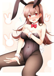 Rule 34 | 1girl, animal ears, black leotard, black pantyhose, breasts, brown eyes, brown hair, detached collar, fake animal ears, fake tail, kantai collection, large breasts, leotard, long hair, ooi (kancolle), open mouth, pantyhose, playboy bunny, rabbit ears, rabbit tail, revision, rui shi (rayze ray), solo, tail, wrist cuffs