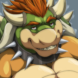 Rule 34 | 1boy, bowser, collar, grin, horns, looking at viewer, male focus, mario (series), nintendo, no humans, red eyes, red hair, sharp teeth, shell, smile, solo, spiked collar, spikes, super mario bros. 1, teeth