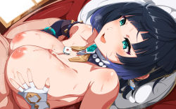 Rule 34 | 1boy, 1girl, aqua eyes, bare shoulders, blue hair, blush, body blush, breasts, breasts squeezed together, cleavage, commentary request, cum, cum on body, cum on breasts, cum on upper body, diagonal bangs, earrings, fingerless gloves, genshin impact, gloves, grabbing own breast, highres, jewelry, large breasts, lying, male pubic hair, nipples, on back, paizuri, parted lips, penis, pubic hair, short hair, smile, solo focus, straddling, straddling paizuri, takashia (akimototakashia), white gloves, yelan (genshin impact)