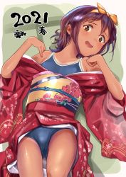 Rule 34 | 1girl, 2021, blue one-piece swimsuit, blush, brown eyes, competition school swimsuit, flat chest, floral print, hairband, japanese clothes, kimono, lying, new year, obi, on back, one-piece swimsuit, open mouth, original, outside border, red hair, sash, school swimsuit, shiden (sashimi no wife), short hair, solo, sweat, swimsuit, swimsuit under clothes, tan, tanline, yellow hairband
