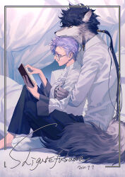 Rule 34 | 2boys, animal ear fluff, animal ears, artist name, barefoot, bishounen, black-framed eyewear, black hair, black pants, body fur, book, braid, brown eyes, closed mouth, colored eyelashes, dated, full body, furry, furry male, glasses, grey fur, head rest, highres, holding, holding book, hug, hug from behind, indoors, jewelry, kinsatsu (grizzled), long hair, long sleeves, looking at another, looking at object, low ponytail, male focus, multiple boys, multiple rings, original, pants, purple hair, reading, ring, round eyewear, short hair, short hair with long locks, sitting, socks, solo, tail, very long hair, white socks, wolf boy, wolf ears, wolf tail