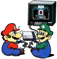 Rule 34 | 2boys, blue eyes, brothers, dr. mario, facial hair, flying sweatdrops, game console, hat, luigi, mario, mario (series), multiple boys, mustache, nes, nintendo, on floor, overalls, playing games, siblings, simple background, sitting, smile, super mario bros. 1, sweatdrop, white background