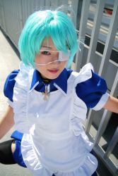 Rule 34 | apron, asahina komugi, blue hair, cosplay, eyepatch, highres, ikkitousen, maid, maid apron, photo (medium), ryomou shimei, ryomou shimei (cosplay), thighhighs