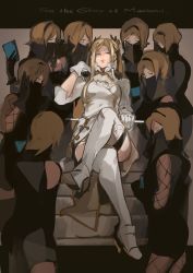 Rule 34 | 2016, 6+girls, blonde hair, blue eyes, boots, character request, gloves, hairband, highres, kohiu, crossed legs, lips, long hair, mask, multiple girls, nier (series), nier:automata, operator 21o, operator 6o, sitting, thigh boots, thighhighs, twintails, commander (nier:automata)
