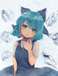 Rule 34 | 1girl, absurdres, between legs, blue dress, blue eyes, blue hair, blush, cirno, commentary, cowboy shot, dress, flower, frozen flower, grey background, hair between eyes, hair ribbon, hand between legs, hand on own chest, head tilt, highres, holding, holding flower, ice, kurowa (curowa), light blush, looking at viewer, parted lips, pinafore dress, ribbon, shirt, short hair, short sleeves, simple background, sleeveless dress, solo, standing, tareme, touhou, white shirt, wings