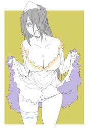 Rule 34 | 1girl, :o, bad id, bad twitter id, bare shoulders, black hair, blue panties, breasts, cleavage, clothes lift, colored skin, cowboy shot, donguri suzume, dress, dress lift, ghost, hair between eyes, highres, large breasts, lifted by self, long hair, long sleeves, looking at viewer, open mouth, panties, simple background, single thighhigh, solo, standing, striped clothes, striped panties, thighhighs, underwear, white dress, white skin, white thighhighs, yellow background