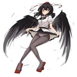 Rule 34 | 1girl, aiza-ku, black bow, black bowtie, black hair, black pantyhose, black skirt, black wings, blush, bow, bowtie, breasts, closed mouth, clothes lift, collared shirt, dress shirt, feathered wings, frilled skirt, frills, from below, hair between eyes, hat, lifted by self, looking at viewer, medium breasts, medium hair, orange eyes, panties, pantyhose, pom pom (clothes), puffy short sleeves, puffy sleeves, red footwear, red hat, red tassel, shameimaru aya, shirt, short sleeves, simple background, skirt, skirt lift, smile, solo, tokin hat, touhou, underwear, white background, white panties, white shirt, wings